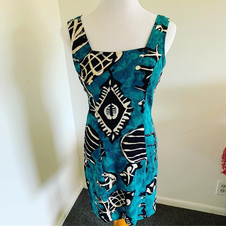 Green Black White abstract print cotton dress