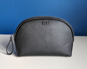 Black faux leather makeup bag