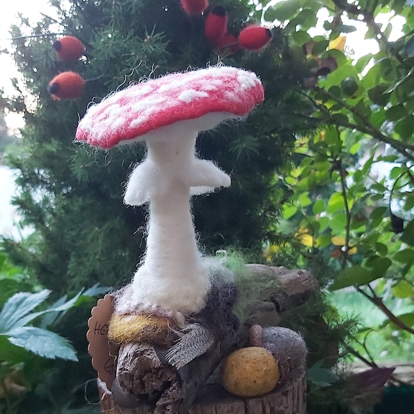 Felted toadstool table decoration Lucky mushroom felted autumnal decoration for the Thanksgiving table season on driftwood find.