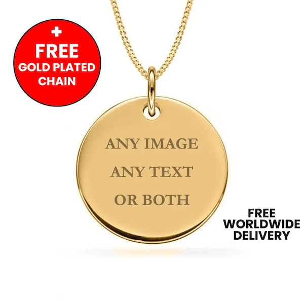 Personalised 9ct Gold Disc Pendant Necklace Plain Circle Jewellery 9ct Gold Filled Engraved Custom Gift + Free Gold Plated Necklace