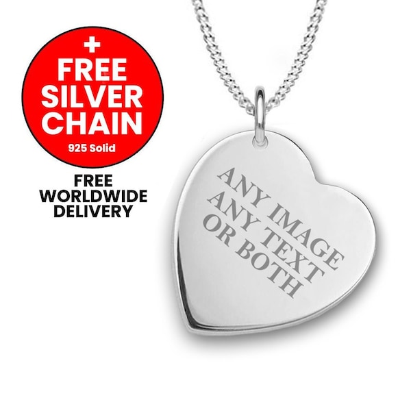 Collier coeur en argent sterling personnalisé pendentif coeur uni bijoux argent 925 texte photo gravé cadeau personnalisé + collier en argent gratuit