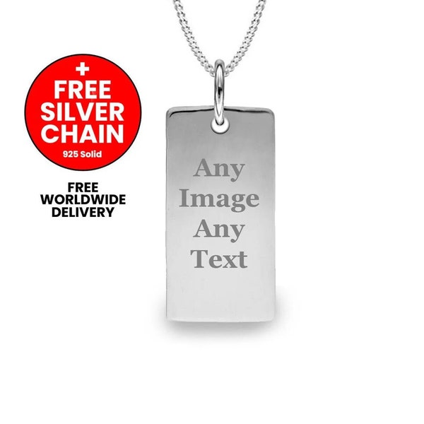 Pendentif de barre d'étiquette d'identification en argent sterling personnalisé collier rectangle gravé argent massif 925 + chaîne en argent gratuite