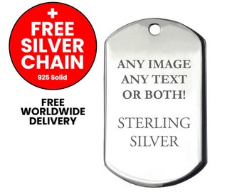 Grabado Solid Silver Dog Tag Sterling Silver Large Men's Pendant Plus Collar personalizado 925 Premium Polished Finish