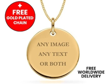 Personalised 9ct Gold Disc Pendant Necklace Plain Circle Jewellery 9ct Gold Filled Engraved Custom Gift + Free Gold Plated Necklace