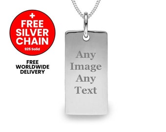 Personalised Sterling Silver ID Tag Bar Pendant Engraved Rectangle Necklace Solid 925 Silver + Free Silver Chain