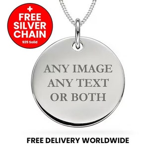 Personalised Pendant Sterling Silver Disc Engraved Necklace For Photos Handwriting Logos Drawings Jewellery 925 Custom Gift  + Free Necklace