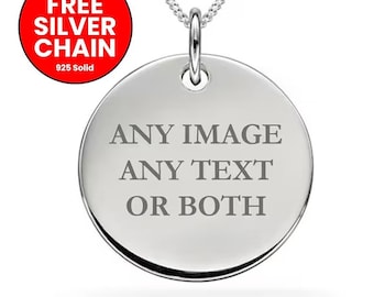 Personalised Pendant Sterling Silver Disc Engraved Necklace For Photos Handwriting Logos Drawings Jewellery 925 Custom Gift  + Free Necklace