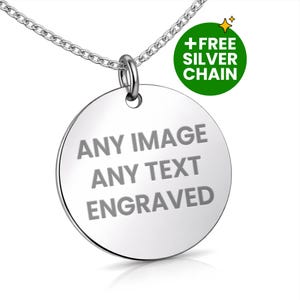 Personligt skivhalsband i 925 sterlingsilver: Hänge i massivt silver på 20 mm | Graverat valfritt foto, text, fingeravtryck, dubbelsidigt