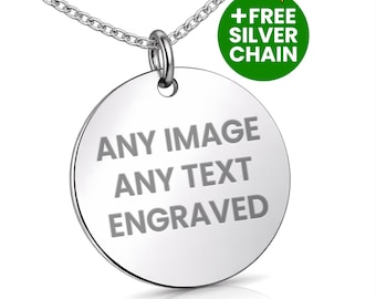 Personalized 925 Sterling Silver Disc Necklace: Solid Silver 20mm Pendant | Engraved Any Photo, Text, Fingerprint Double-Sided