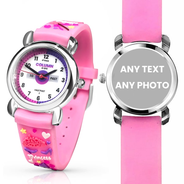 Personalised Girls Watch Engraved COLUMN Branded Kids Pink 3D Time Teacher Water Resistant