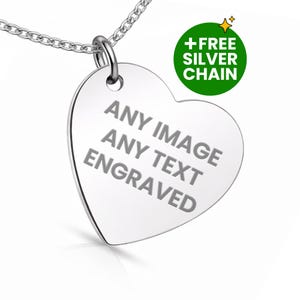 Personalized Sterling Silver 925 Heart Necklace: Engraved Any Photo, Text, Fingerprint Double-Sided