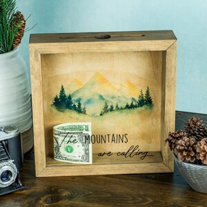 Ticket shadow box with watercolor mountain scene, memories shadow box with photo, custom photo shadow box, travel fund shadow box