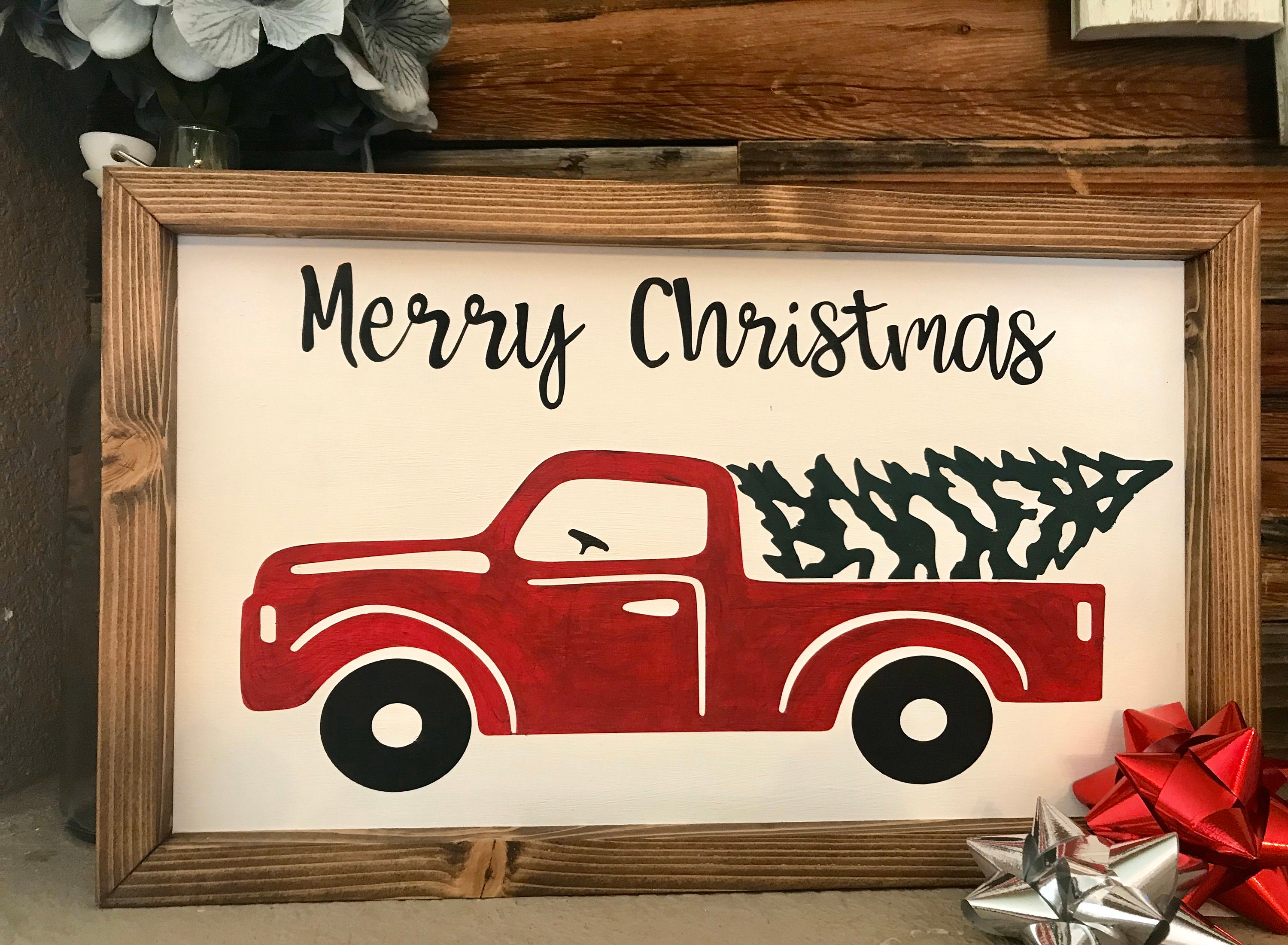Red Truck with Christmas tree sign Merry Christmas truck | Etsy