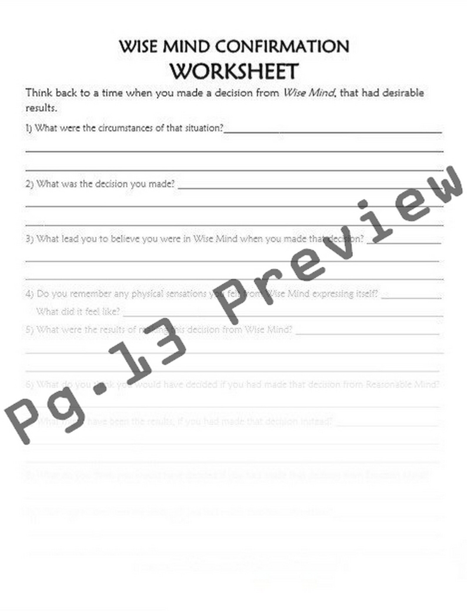 DBT LESSON 15 / Mindfulness Wise Mind / Worksheet and Handouts D.B.T