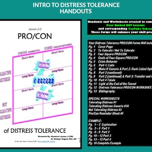 Op de afbeelding: Een roze en blauw diagram met de titel "Intro to Distress Tolerance Handouts" met de woorden "Pro/Con" in een roze vak en "Tolerating Distress" en "Not Tolerating Distress" in blauwe vakken. Het diagram is een visuele weergave van de voor- en nadelen van het tolereren van stress. Het diagram is verdeeld in vier kwadranten, met de woorden "Short-Term" en "Long-Term" boven en onder, en "Pros" en "Cons" links en rechts. Het diagram bevat ook de woorden "To Tolerate/Not To Tolerate" en "Four Square Pro/Con".