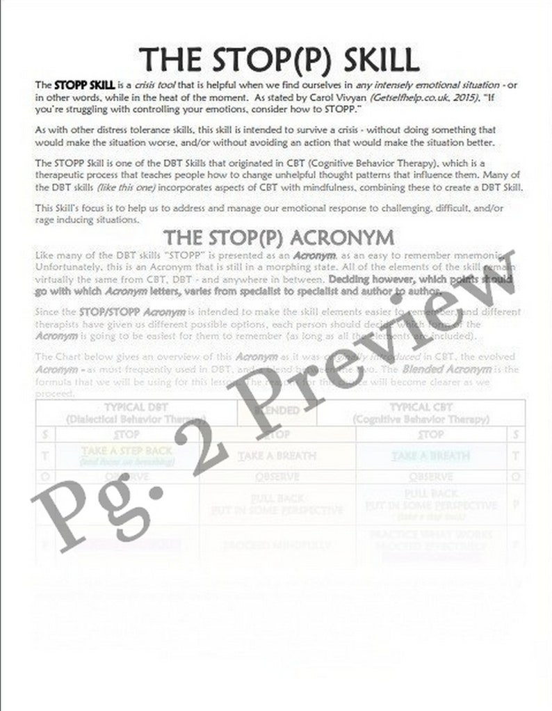 DBT LESSON 2-4 / Distress Tolerance S.T.O.P.P. Skills Worksheets and ...