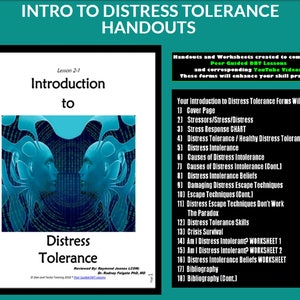 Puede incluir: Un folleto titulado "Introducción a la tolerancia a la angustia" con un esquema de color azul y verde. El folleto incluye una lista de temas relacionados con la tolerancia a la angustia, como los factores estresantes, la respuesta al estrés y las habilidades de tolerancia a la angustia.