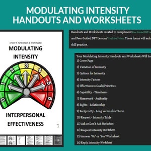 May include: A colorful wheel with arrows pointing to different numbers, labeled "Modulating Intensity". The wheel is divided into sections of green, yellow, and red, representing different levels of intensity. The text "Interpersonal Effectiveness" is below the wheel. This is a handout and worksheet for Dialectical Behavior Therapy (DBT).