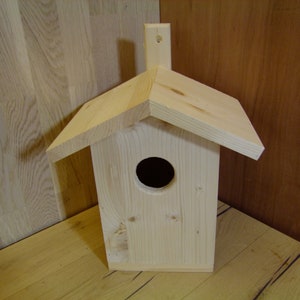 Könnte beinhalten: Ein einfaches Vogelhaus aus Holz mit einem kleinen runden Eingangsloch und einem Satteldach. Das Vogelhaus ist aus unbehandeltem Holz gefertigt und hat einen kleinen Holzbalkon auf der Oberseite.