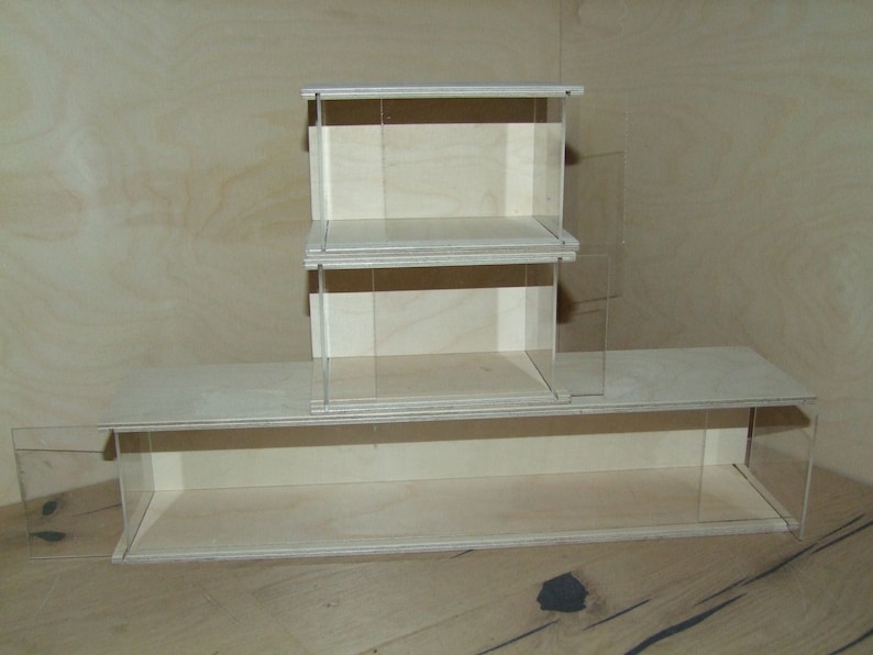 May include: A three-tiered wooden display shelf with clear acrylic sides. The shelf is made of light wood and has a simple, modern design.