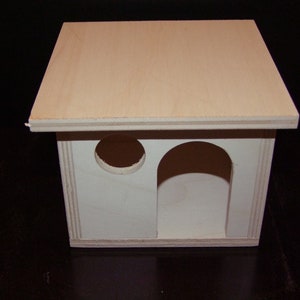Può includere: Una piccola casetta per uccelli in legno con un ingresso arrotondato e un'apertura circolare sul lato. La casetta è realizzata in legno chiaro e ha un tetto piatto.