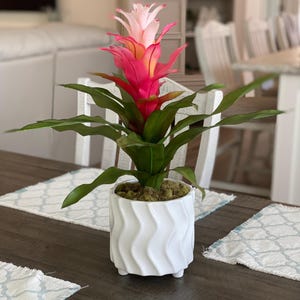 Hot Pink Faux Bromeliad Tropical Centerpiece in White Ceramic Pot, Tropical Centerpiece, Artificial Succulent Arrangement, Beach House Decor