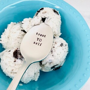 treat YO self stamped spoon, foodie gift, ice cream spoon, stamped coffee spoon Valentines Day