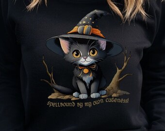 Witch Cat Sweatshirt | Spooky Cute Halloween Sweater | Spellbound Crewneck | Cozy Fall Sweater | Gothic Kawaii Gift | Witchcore top
