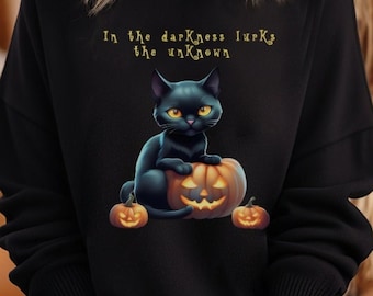 Halloween Gothic Sweatshirt | Spooky Black Cat Pumpkin Sweater | Creepy Cute Witchy Fall Sweater | Cozy Gothic Autumn Top for Women