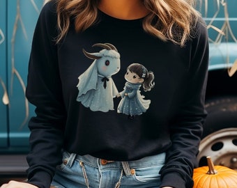 Gothic sweatshirt | Creepy Cute Monster & Girl Holding Hands | Halloween sweater | Dark Aesthetic Top | Spooky Castle Design | Horror poison