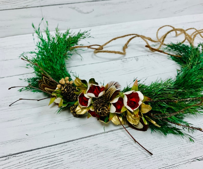 White Flowers or Red Flowers Brides Natural Dried Greens Floral Crown New Years Seasonal