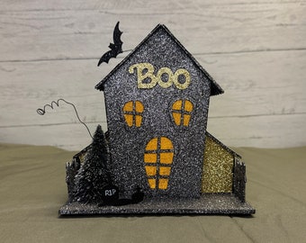 Spooky Halloween House Decoration - Halloween Miniature - Halloween Decor - Gray Glitter Metal Home
