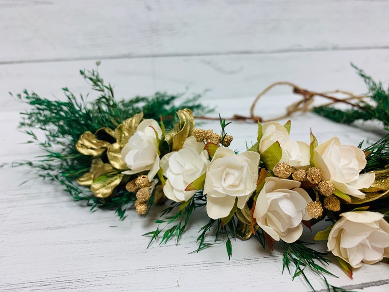 White Flowers or Red Flowers Brides Natural Dried Greens Floral Crown New Years Seasonal