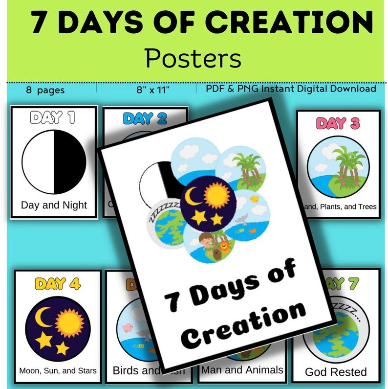 The 7 Days of Creation Posters Printables // Days of Creation // Downloads // Bible // Sunday School // Posters image 1
