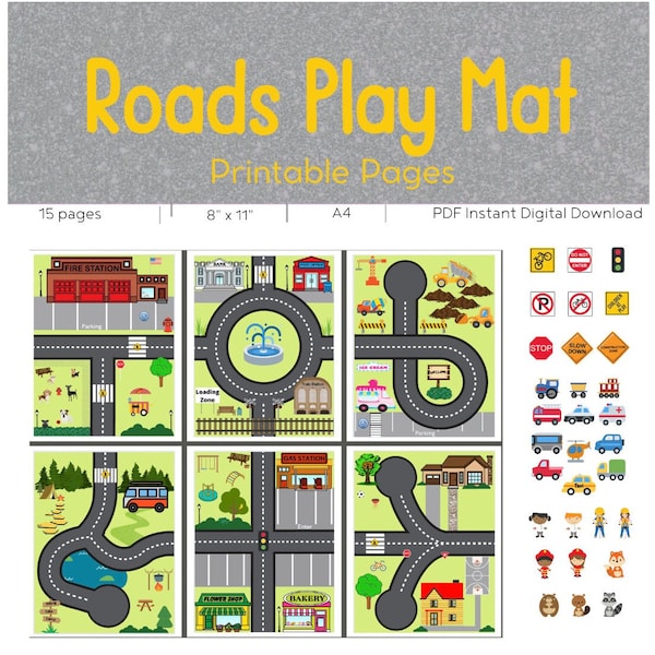 Car Play Mat Printable Set // Cars  // Downloads // Roads // Printable Roads // Printable Car Mat