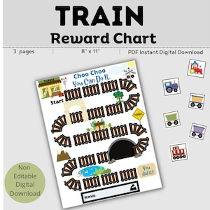 May include: Printable train-themed reward chart for kids. The chart features a train track with a tunnel, a bridge, and a pond. The chart is 8 inches by 11 inches and includes the text "Choo Choo You Can Do It."