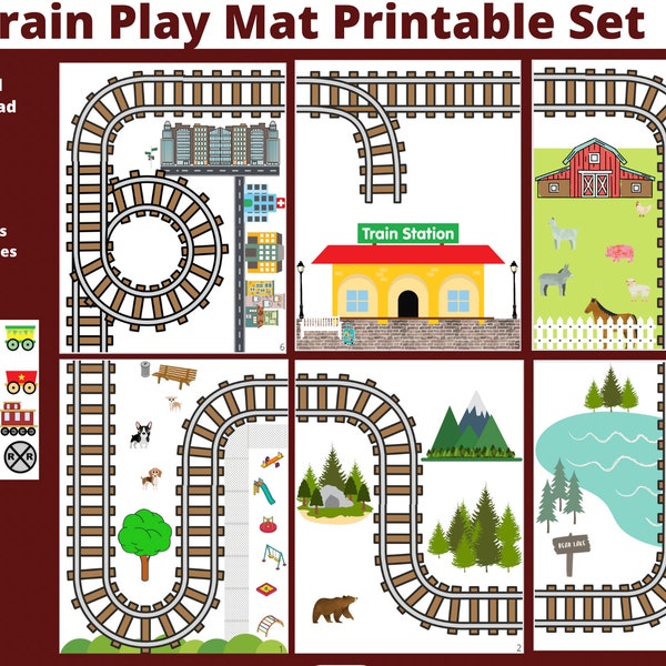 Train Play Mat Printable Set // Cars  // Downloads // Trains // Printable Roads // Printable Train Tracks Mat