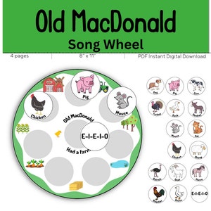 May include: A printable Old MacDonald song wheel with a green background and a circle in the center with the words "Old MacDonald Had a Farm" and "E-I-E-I-O".  The circle is surrounded by eight smaller circles, each with a different farm animal, including a chicken, pig, mouse, cow, duck, donkey, cat, and sheep.  The printable also includes a set of smaller circles with individual farm animals, including a rooster, goose, ostrich, goat, and horse.