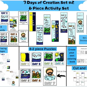 May include: A set of 7 Days of Creation educational activities for kids. The set includes flash cards, bookmarks, puzzles, tracing pages, and a cut and paste activity. The activities are colorful and feature illustrations of each day of creation.