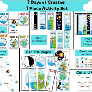 May include: A set of 7 Days of Creation activity pages for kids. The set includes flash cards, bookmarks, tracing pages, puzzle pages, a folding page, and a cut and paste activity. The pages are colorful and feature illustrations of the days of creation.