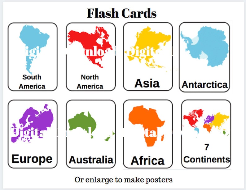 Continents Flashcards and Worksheets Printable Downloads // | Etsy