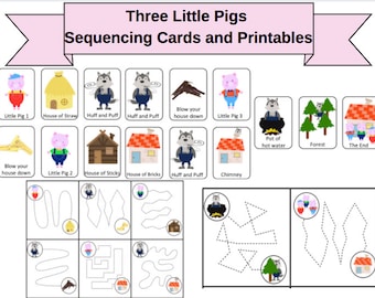 Three Little Pigs Sequencing Cards and Worksheets Digital Download // 3 Pigs  // Nursery Rhyme // Sequencing Cards