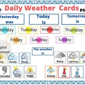 Days of Week and Weather Calendar Cards Digital Download // Calendar // Weather // Flash Cards // Visual Chart // Preschool