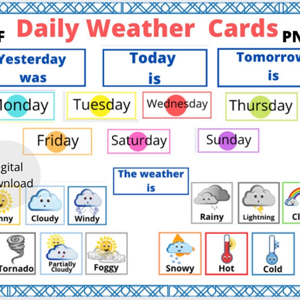Days of Week and Weather Calendar Cards Digital Download // Calendar // Weather // Flash Cards // Visual Chart // Preschool