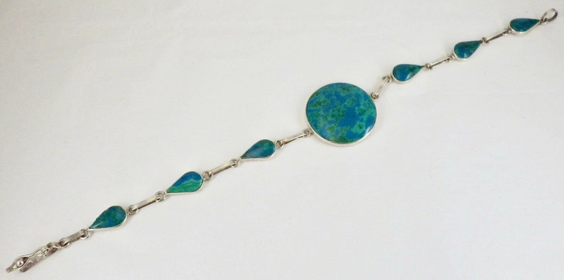 Vintage Sterling Silver Round and Teardrop Malachite Link Bracelet 8 12