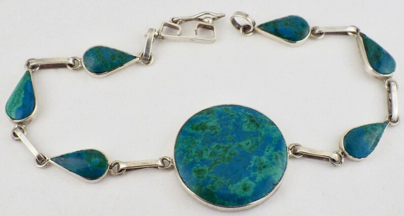 Vintage Sterling Silver Round and Teardrop Malachite Link Bracelet 8 12