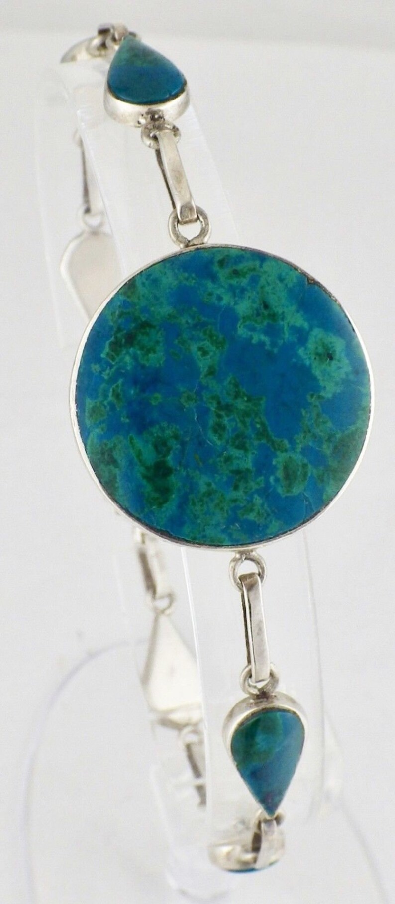 Vintage Sterling Silver Round and Teardrop Malachite Link Bracelet 8 12
