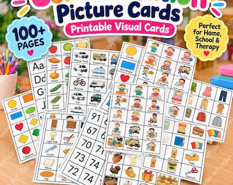 May include: A collection of printable communication picture cards featuring grids with colorful illustrations of food, vehicles, shapes, numbers, and daily routines. The text includes Communication Picture Cards, 100+ Pages, and categories like Home, School, and Transportation.