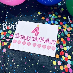 Rosa Geburtstagskarte für Mädchen | Alter 4 digitaler Download | Nummer 4 Geschenk Karte zum Geburtstag | Druckbare Geburtstagskarte für Kinder