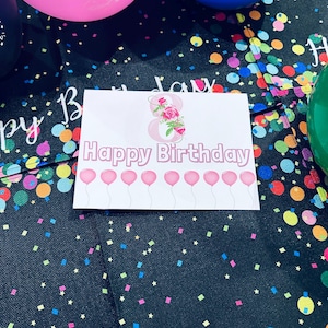Tarjeta de feliz cumpleaños para niños de 8 años, color rosa, regalo personalizado, imprimible para fiesta, para niña o niño, descarga digital en PDF.